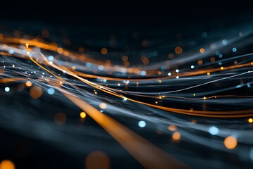 Fototapete - Abstract Network Flow with Orange and Blue Lights, A dynamic, abstract image of interwoven lines and glowing particles in shades of orange and blue against a dark background.