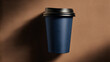 © Daniel - Plain navy disposable coffee cup mockup with black lid, isolated on dark brown background with soft shadow, 