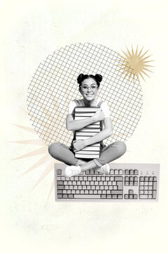 Vertical zine artwork collage of happy businesswoman stand keypad wireless device freelancer tool desktop electronic qwerty