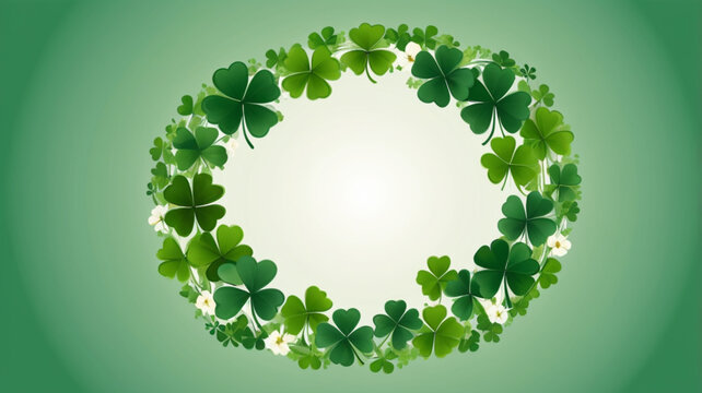Realistic shamrock wreath element. Round clover frame. Green leaves floral garland. Trefoil border. St. Patricks Day decoration for greeting card. Irish tradition motif. Vector illustration
