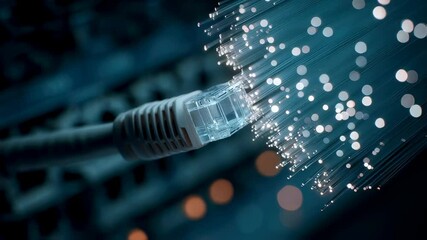 Poster - Macro shot focusing on a fiber optic connector being connected to a network switch emphasizing the delicate features and glowing fibers that enable seamless communication in modern