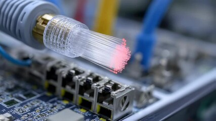 Poster - Closeup image capturing the moment a fiber optic connector is engaged with a network switch illustrating the fine craftsmanship and functionality of these critical components in highperformance