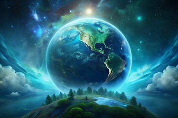 Majestic earth seen from space with glowing nebulae and stars illuminating the planet and a lush green landscape below