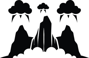 Aufkleber - Black and white illustration three volcanic mountains clouds smoke minimalist graphic design volcano