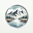 © ROBERTO MANUT - Scenic mountain range with a winding river evokes nature and adventure in a minimalist circular design ideal for branding and logos.