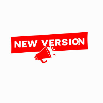 Vibrant red banner announcing a new version with bold text isolated on white background