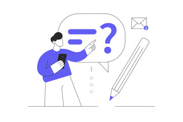 Poster - Character sending customer support a question. Man ask questions and receive answers. Frequently asked questions concept. Flat Cartoon Vector Illustration, icon. Stylish abstract design landing page