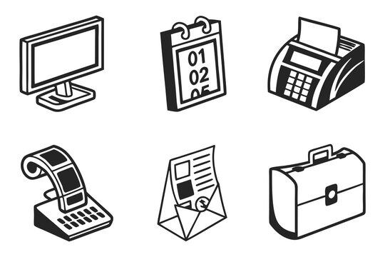 Isometric office icons including a monitor, calendar, and briefcase