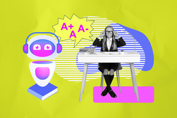 Poster - Image full pop collage of happy teenage schoolgirl sit class desk education supplies ai teacher robot mark cloud literature subject