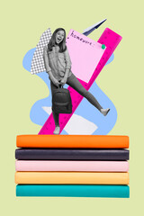 Poster - Banner 3d pop photo collage of happy teenager girl hold backpack stand textbook stack literature subject preparation ruler sticker