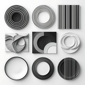 Arrangement of abstract black and white geometric shapes isolated on white