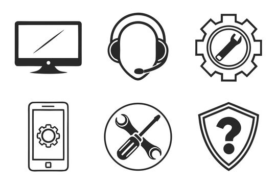 A black and white vector illustration of tech support icons