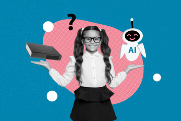 Poster - Full 3d art trend collage of two happy schoolgirl show book gpt robot comparison back to school education concept learner innovation