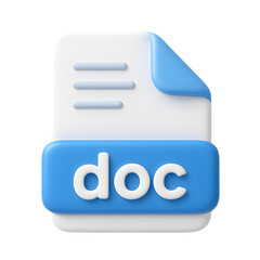 Poster - 3D document file icon, white page with blue doc label for text files and reports, isolated on transparent background