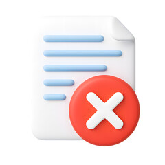 Poster - 3D document icon with blue text lines and red cancel cross symbol isolated on transparent background