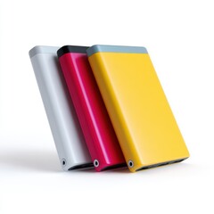 Poster - A set of three colorful, generic external hard drives, isolated on a pure white background. Data storage, technology.