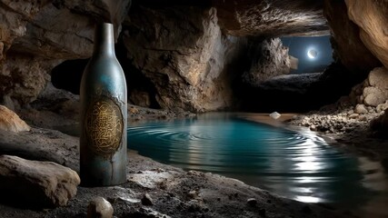 Poster - A mysterious bottle with golden patterns stands on the rocky shore of an underground lake with turquoise water in a cave illuminated by moonlight coming through a hole in the ceiling