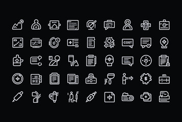 Fototapete - Collection of white line art icons representing healthcare medical business finance and technology concepts on a black background