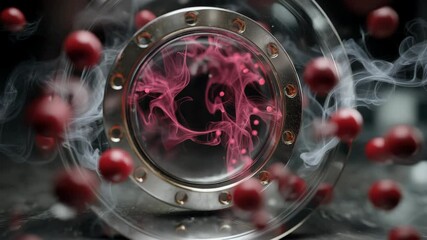 Poster - Futuristic metal cylinder with red smoke effect and floating red balls inside