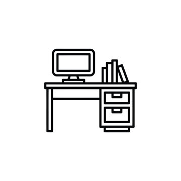 Minimalist Desk with Computer and Books Line Art Illustration
