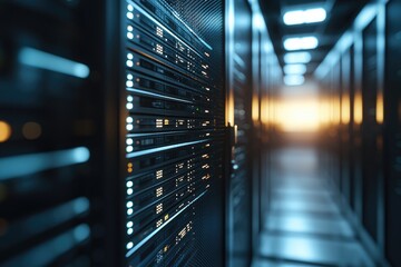 Leinwandbilder - Close-up of glowing server racks in futuristic data center corridor with ambient lighting, representing digital infrastructure, cloud computing, and data technology