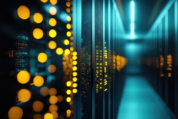 Leinwandbilder - Close-up of illuminated server racks with glowing yellow and blue lights in futuristic data center, symbolizing digital storage, network technology, and cloud systems