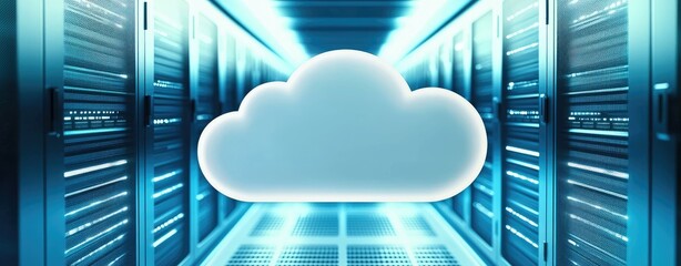 Leinwandbilder - 3D glowing cloud icon over illuminated data server room, representing cloud computing, data storage, and futuristic digital infrastructure concepts for tech use