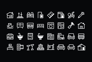 Fototapete - Collection of white line art icons representing furniture home appliances and building elements on a black background