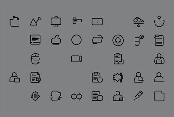 Fototapete - Collection of outline icons representing various concepts like documents people medical symbols and technology on a gray background