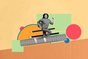 Poster - Banner art creative full poster photo collage of happy teenage schoolgirl run ruler pencil education supplies geek learner