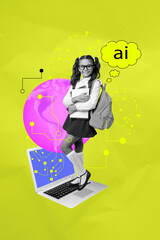 Poster - Composite zine pop trend collage of happy preteen schoolgirl hold notepad stand laptop keypad matrix network wear rucksack