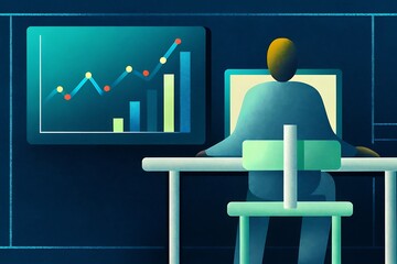 Fototapete - A person sits at a desk with a computer and a chart displaying business data, rendered in a modern, flat illustration style with blue and green tones, suggesting financial analysis