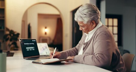 Poster - Laptop, learning and senior woman writing in notebook for remote work and planning in home. Studying, freelance course and elderly female person in lounge with diary, journal and education program