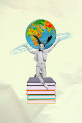 Poster - 3d pop image sketch vertical collage of happy schoolgirl sit book literature homework preparation globe icon geography subject