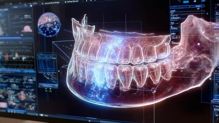 Poster - High tech digital interface showcasing a detailed 3d model of a human jaw, highlighting dental anatomy and technological advancements in medical imaging for educational purposes