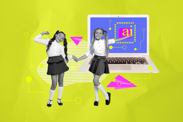 Poster - 3d pop image sketch art collage of two happy schoolgirls classmates dance laptop matrix connection artificial intelligence app
