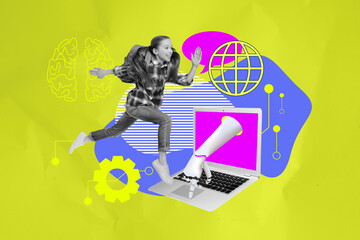Poster - Image full pop trend collage of happy teenage schoolgirl run laptop device globe artificial intelligence innovation modern app