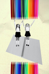Poster - Poster image artwork pop collage of two happy small schoolgirls classmates stand together notepad colorful felt pen art subject