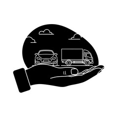 Poster - Hand holding car and truck with clouds in dark blue and white tone