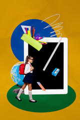 Poster - Creative artwork template sketch image 3D collage of study learn courses pupil school age young girl walk wear backtack tablet globe map