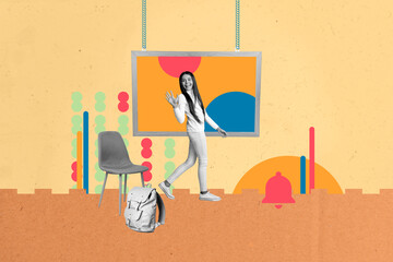 Poster - Full 3d art trend collage of happy teenager schoolgirl wave hand walk classroom board chair education concept learner nerd