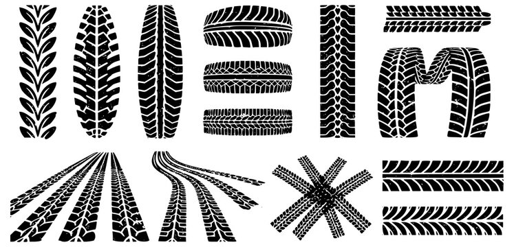 Tire tracks after skidding, launch, drift, powerslide in motorsport, rally, off-road, motocross. Wheel texture with splash effect. Vector, JPEG version.