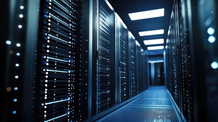 Leinwandbilder - Modern data center corridor with illuminated black server racks, glowing indicator lights, and sleek ventilation floor, ideal for tech presentations, cloud computing, or IT infrastructure visuals