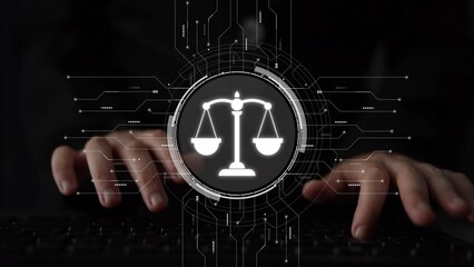 Poster - Futuristic digital law interface displaying justice scale, highlighting digital law, AI compliance, digital law systems, and digital law regulations for secure governance. Muxer