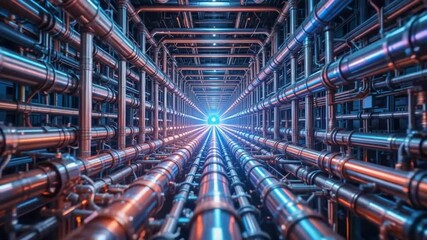 Wall Mural - futuristic tunnel with pipes and a glowing light, industrial design concept