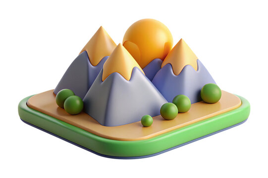 Stylized 3d mountain landscape with sun and green spheres isolated on transparent background