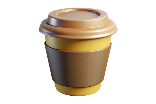 A single 3d rendered coffee cup with a brown sleeve and lid isolated on transparent background
