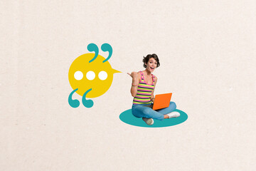 Aufkleber - Trend artwork creative sketch collage of young lady sit smile hold laptop thumb show message speech communication conversation discussion