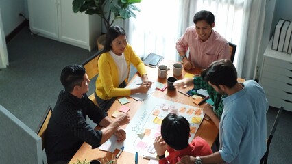 Poster - Top down view of diverse people brainstorming and making scrum task board. Group of skilled business team working together and using kanban board while shake hands for making agreement. Convocation.