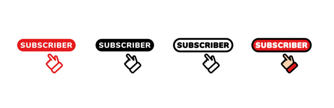 Simple icons of a subscribe button and a clicking hand. includes color and outline versions.